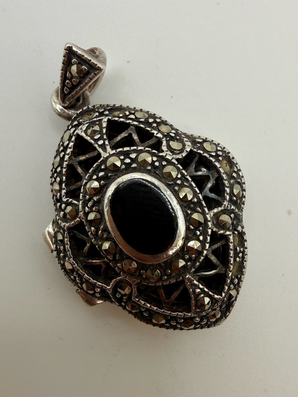 Vintage 925 Sterling Silver Black Onyx Marcasite Poison Locket Pendant